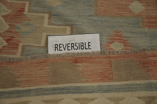 Blue Wool Kilim Flat Weave Reversible Rug 9X12 Living Room Vegetable Dye Carpet