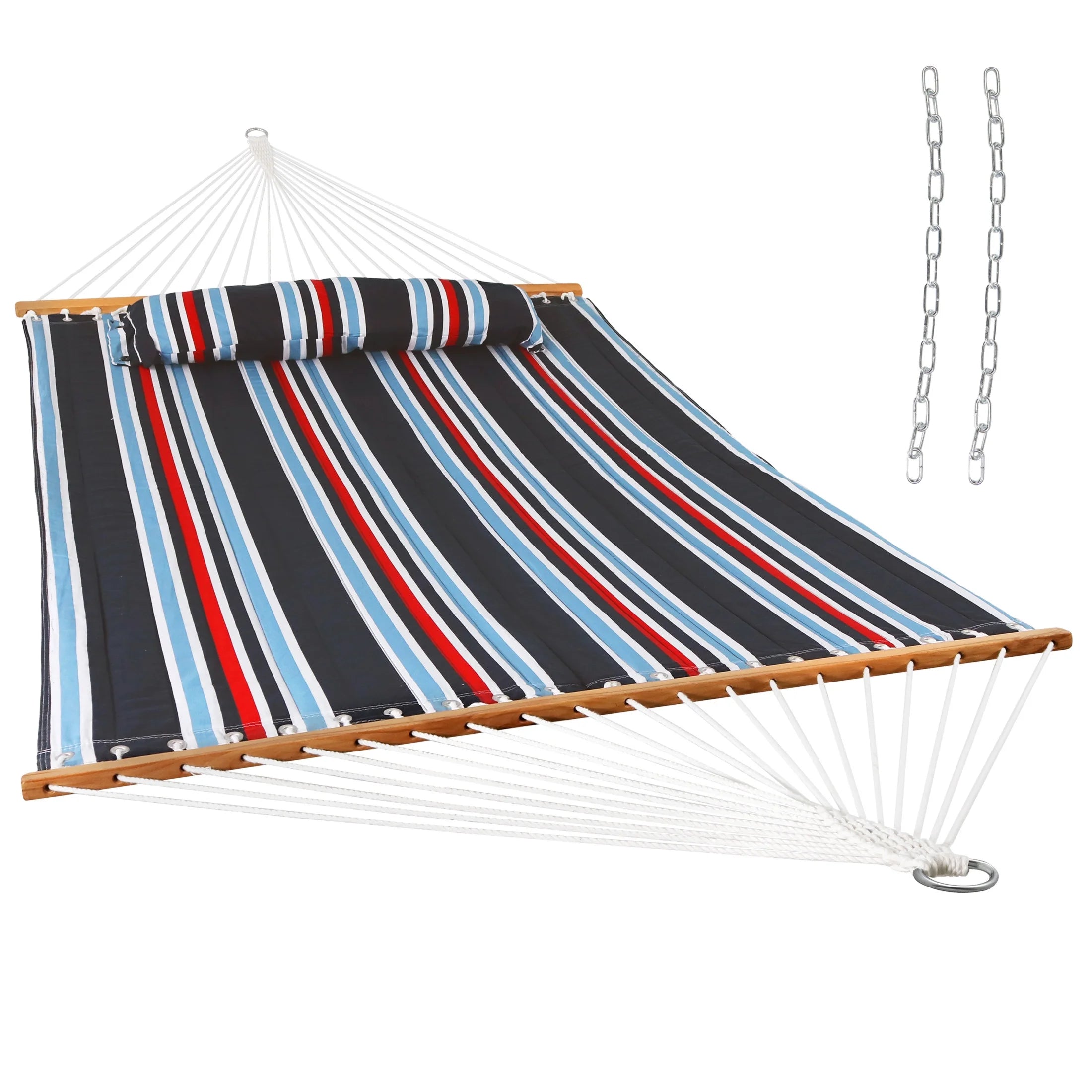 2-Person Quilted Polyester Spreader Bar Hammock, 450 Lb Capacity -Nautical Stripe
