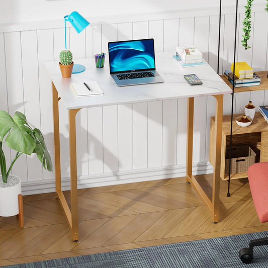32 Inch Computer Office Desk Modern Simple Style with Metal Frame for Home Office, Gold