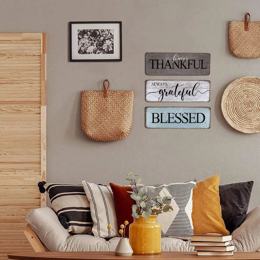 Farmhouse Home Sign Wall Decor Family Wall Decor for Living Room 3 Pieces Grateful Thankful Blessed Wall Art Decor 16"X5" Inspirational Family Quotes Wall Decor Family Signs