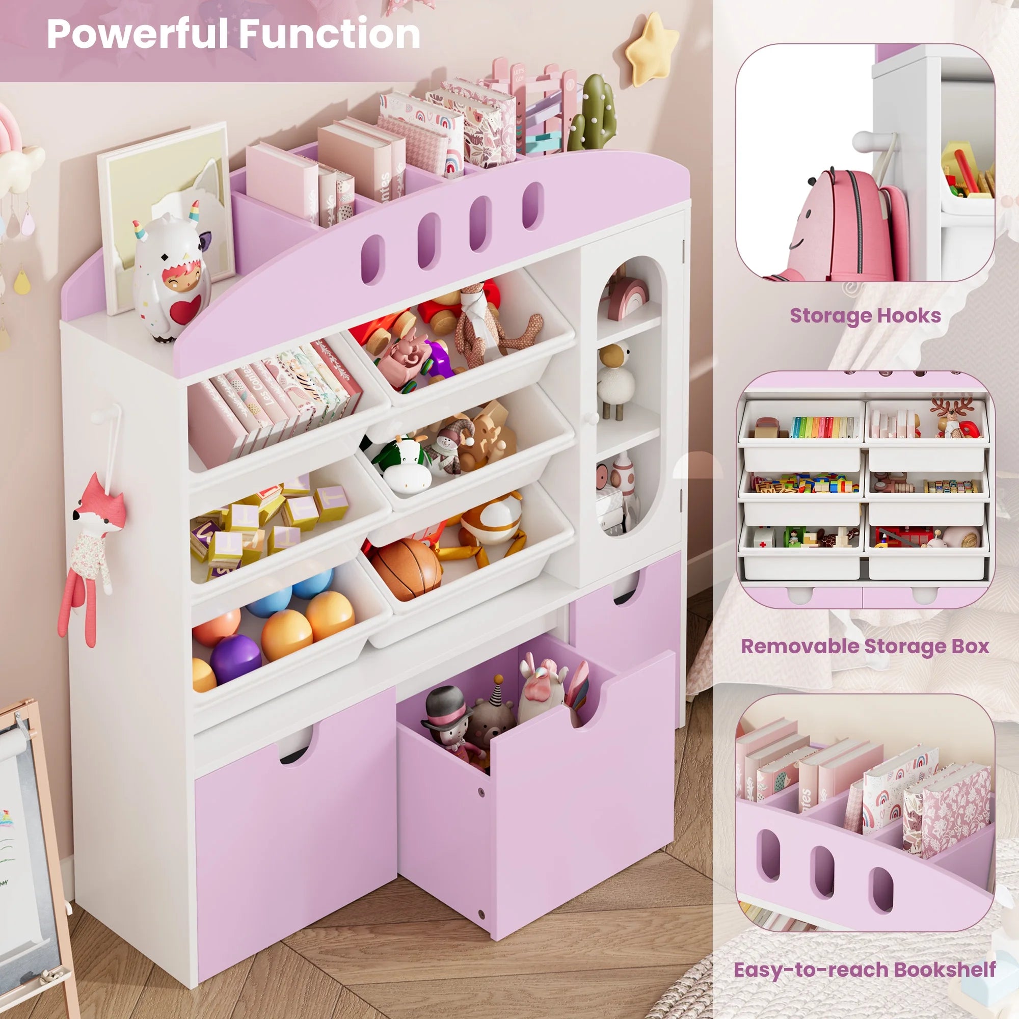 4-In-1 Kids Toy Storage Cabinet Bookshelf with 3 Drawers, Sturdy Toy Organizer for Kids Room, White&Pink