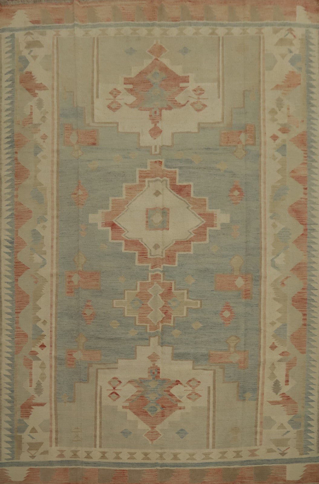 Blue Wool Kilim Flat Weave Reversible Rug 9X12 Living Room Vegetable Dye Carpet