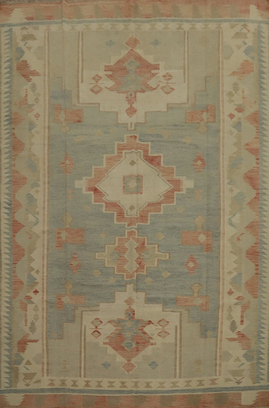 Blue Wool Kilim Flat Weave Reversible Rug 9X12 Living Room Vegetable Dye Carpet