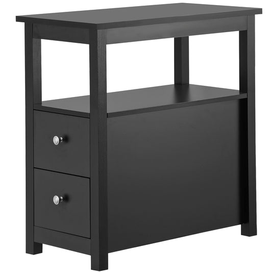 Black End Table with 2 Drawer and Open Shelf Narrow Side Table for Living Room