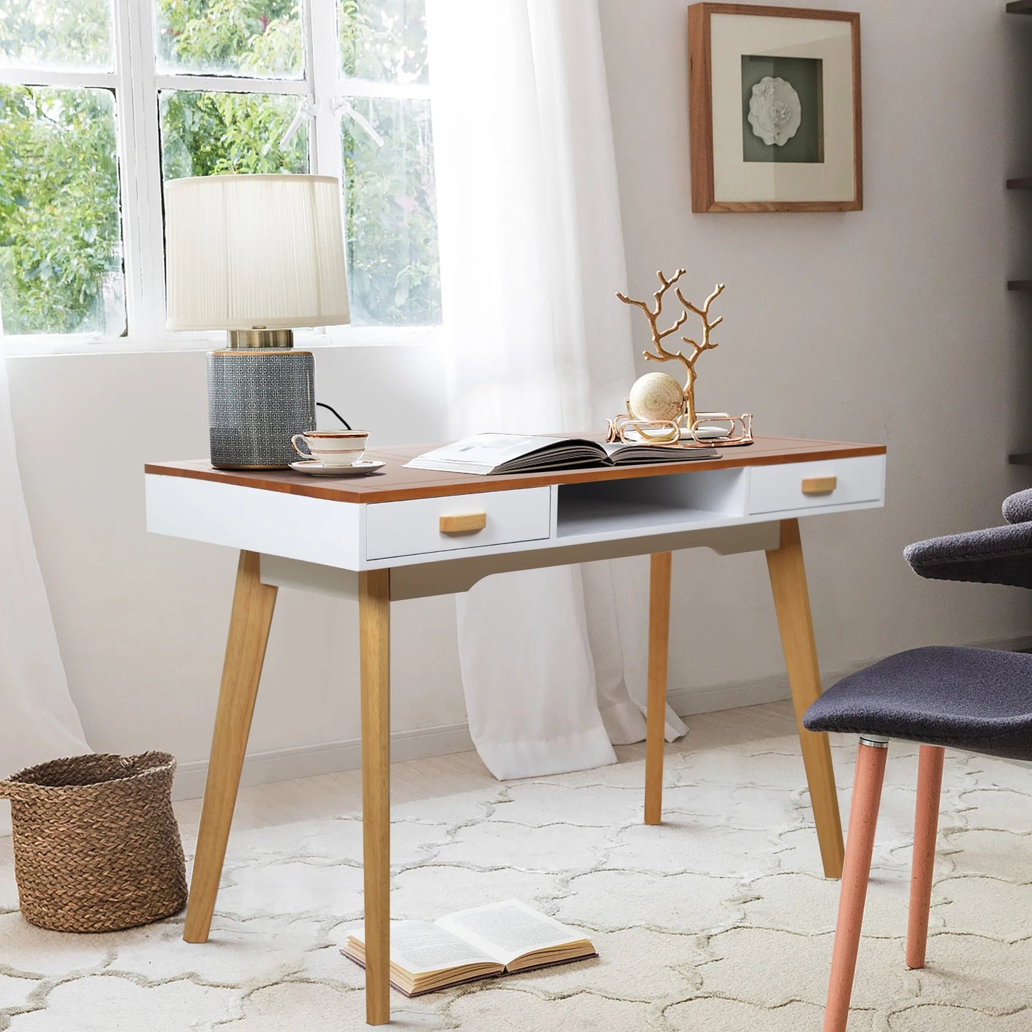 Writing Desk with Drawer, Modern Office Writing Table, Wooden Computer Desk for Home Office, Bedroom