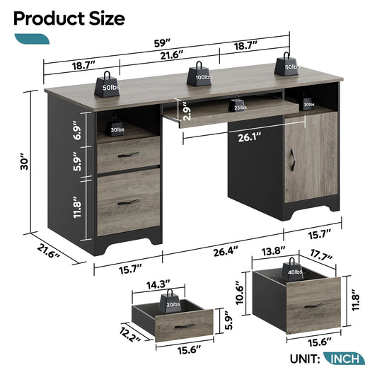 59” Computer Desk with Drawers, Executive Desk with Storage Cabinet, Keyboard Tray for Home Office, Gray