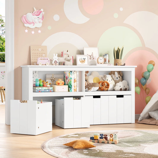 Kids Toy Storage with 4 Drawers, Cubes Storage Bin with Shelves and Wheels for Kids Living Room, White