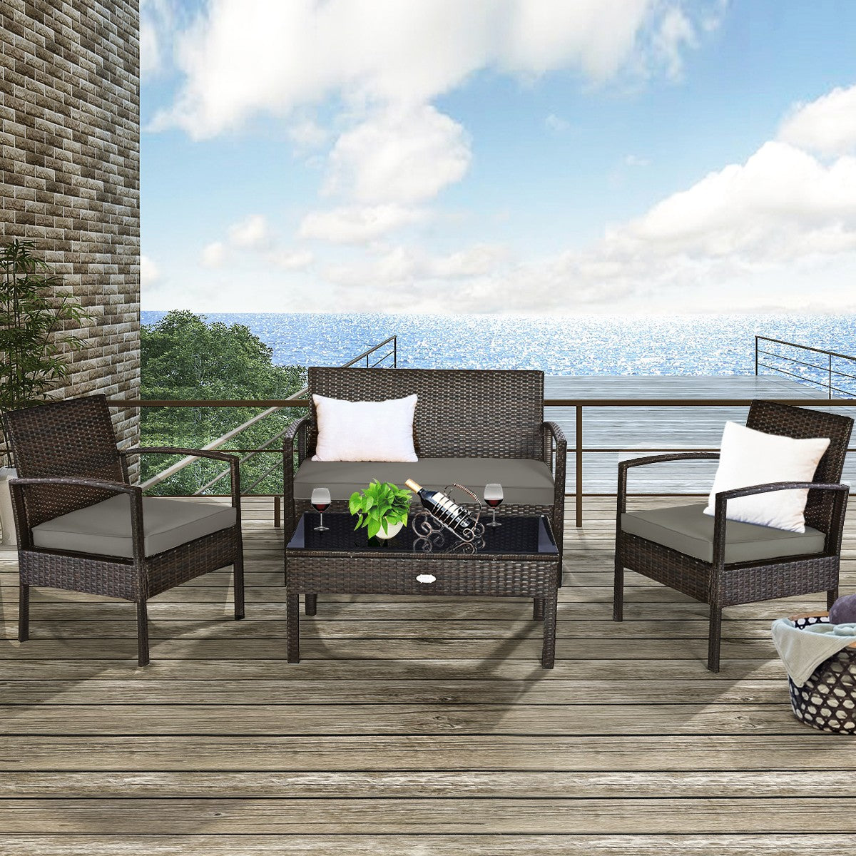 4PCS Outdoor Patio Rattan Furniture Set Cushioned Sofa Coffee Table Deck
