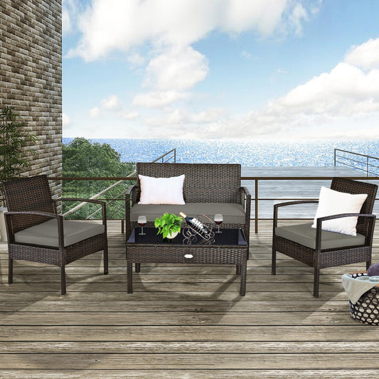 4PCS Outdoor Patio Rattan Furniture Set Cushioned Sofa Coffee Table Deck
