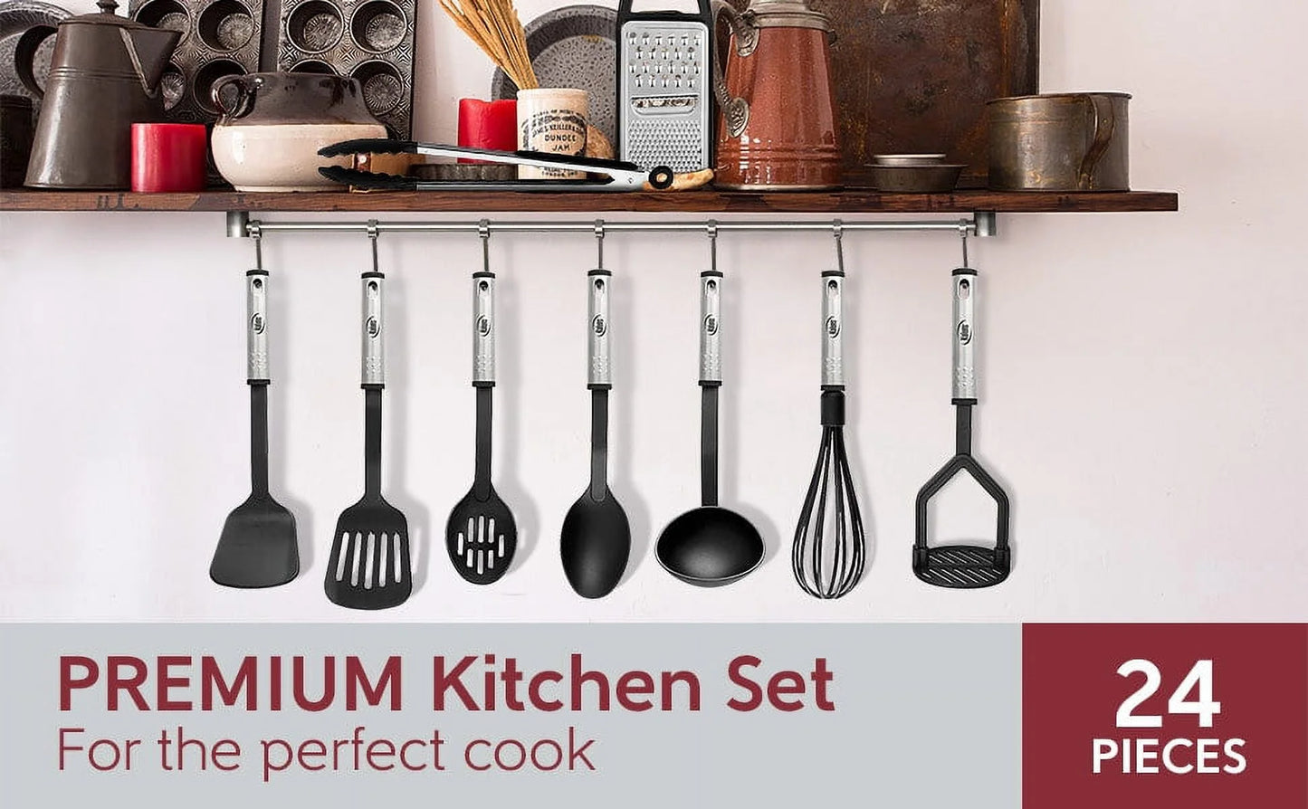 Stainless Steel Cooking Utensil Set, Non-Stick Cookware Set, 24Pc Heat Resistant Nylon Kitchen Accessories, Black