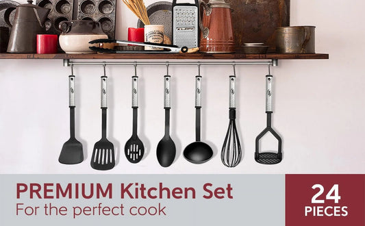 Stainless Steel Cooking Utensil Set, Non-Stick Cookware Set, 24Pc Heat Resistant Nylon Kitchen Accessories, Black