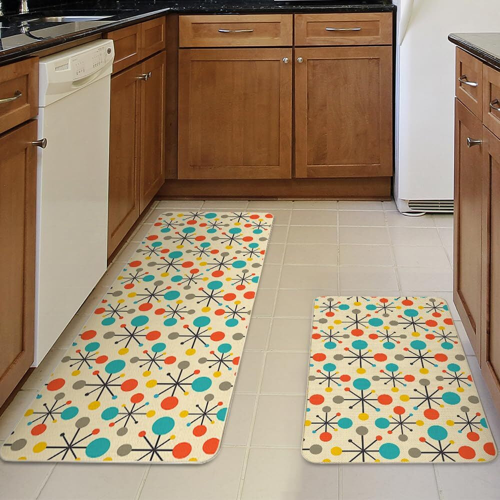 Kitchen Mats Rugs Non Slip Floor Set of 2 Mid Century Fifties Modern Atomic