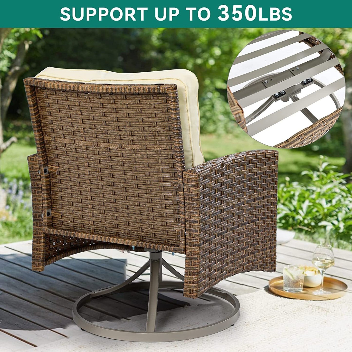 YINTATECH 3Pc Outdoor Furniture Garden Bistro Rocking Set Rattan Chair Cushion