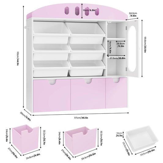 4-In-1 Kids Toy Storage Cabinet Bookshelf with 3 Drawers, Sturdy Toy Organizer for Kids Room, White&Pink
