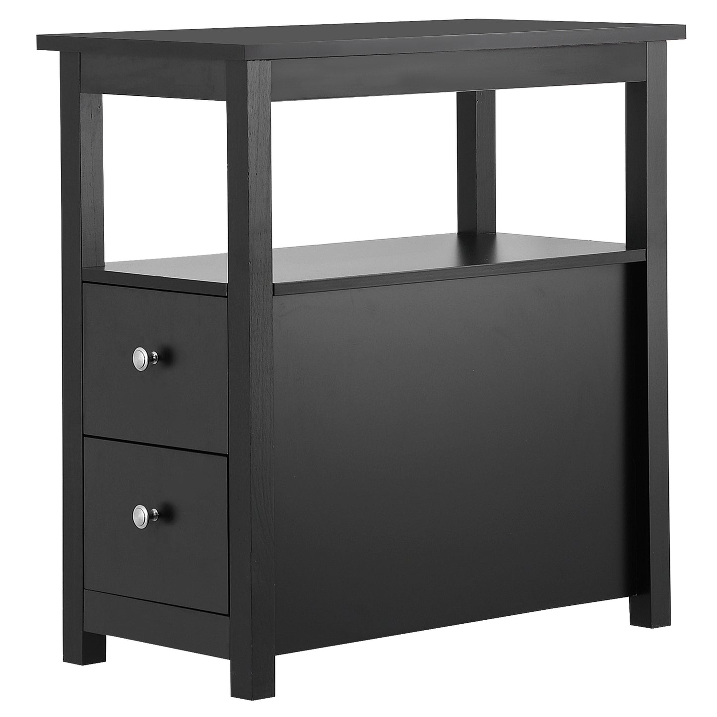 Black End Table with 2 Drawer and Open Shelf Narrow Side Table for Living Room