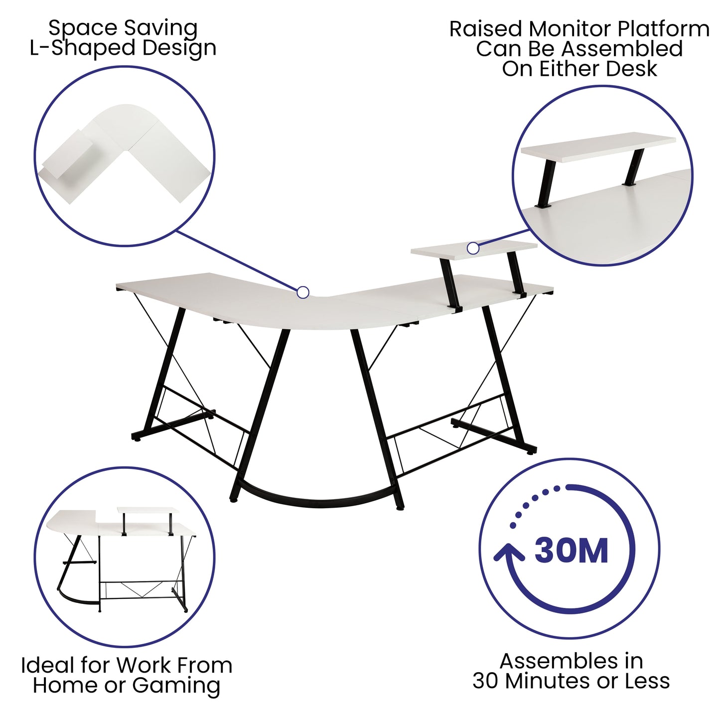 L-Shaped Computer White Desk, Gaming Desk, Home Office Desk, Black Frame