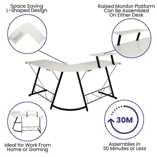 L-Shaped Computer White Desk, Gaming Desk, Home Office Desk, Black Frame