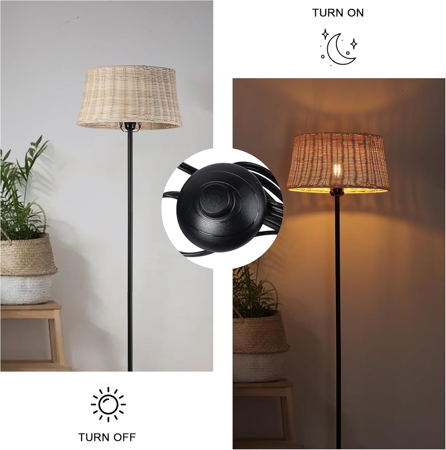 Rattan Industrial Floor Standing Lighting with Pedal Black Cord Wicker Lampshade