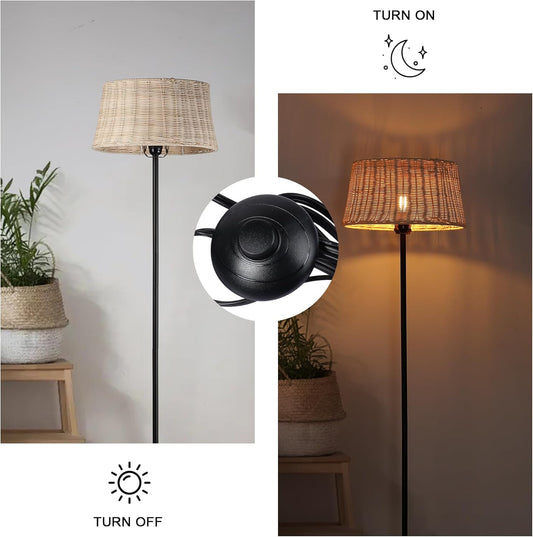 Rattan Industrial Floor Standing Lighting with Pedal Black Cord Wicker Lampshade