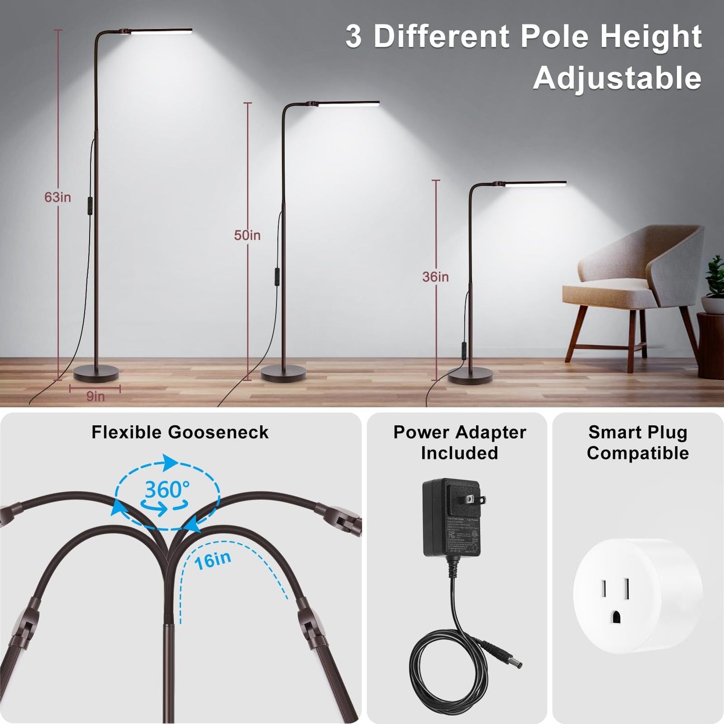 Floor Lamp, 15W/1800LM Bright LED Floor Lamp with Double Head, Adjustable Goo...