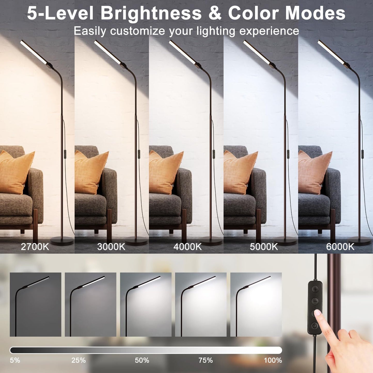 Floor Lamp, 15W/1800LM Bright LED Floor Lamp with Double Head, Adjustable Goo...