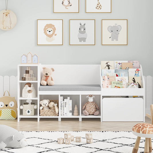 Kids Bookshelf with Reading Nook, 6 Shelf Bookcase with 1 Wood Toy Bin with 3 Tier Book Rack for Children Kidsroom