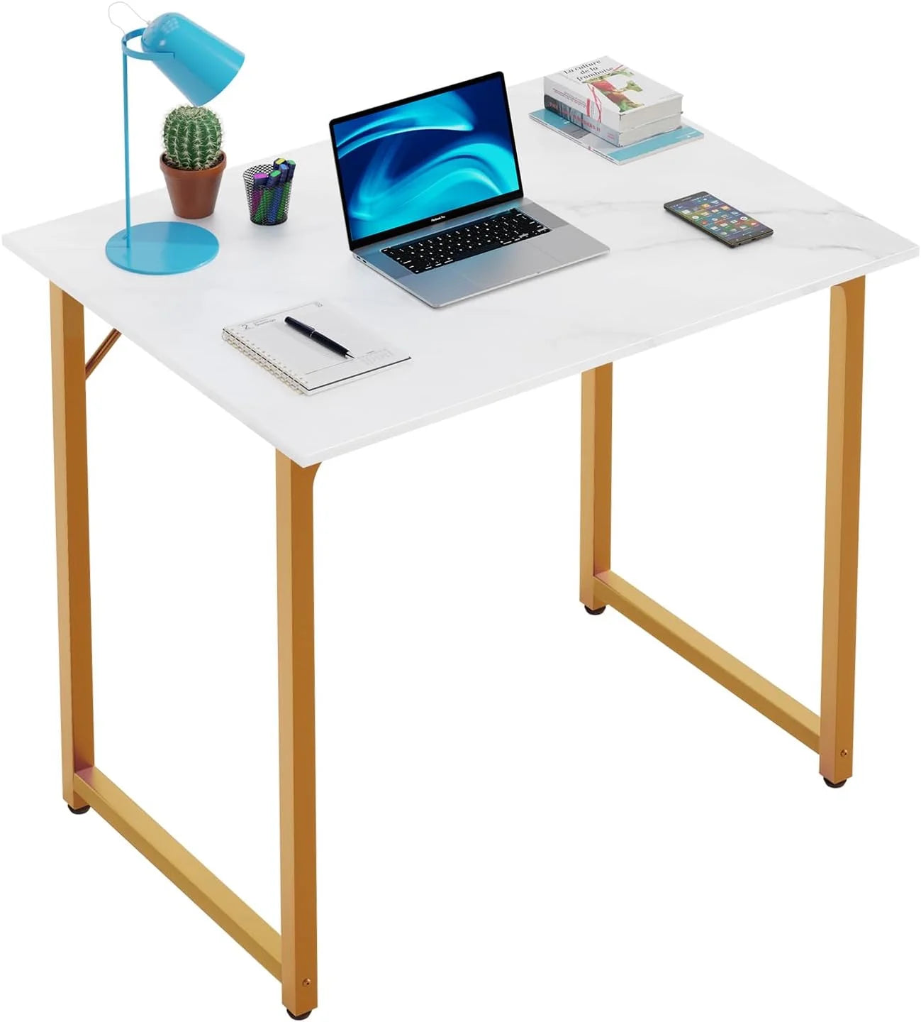 32 Inch Computer Office Desk Modern Simple Style with Metal Frame for Home Office, Gold