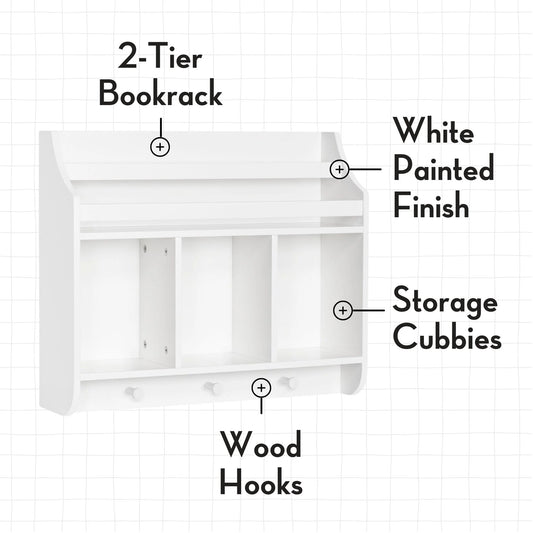 Kids Wall Mounted Bookshelf and Toy Storage Organizer for Playroom - White