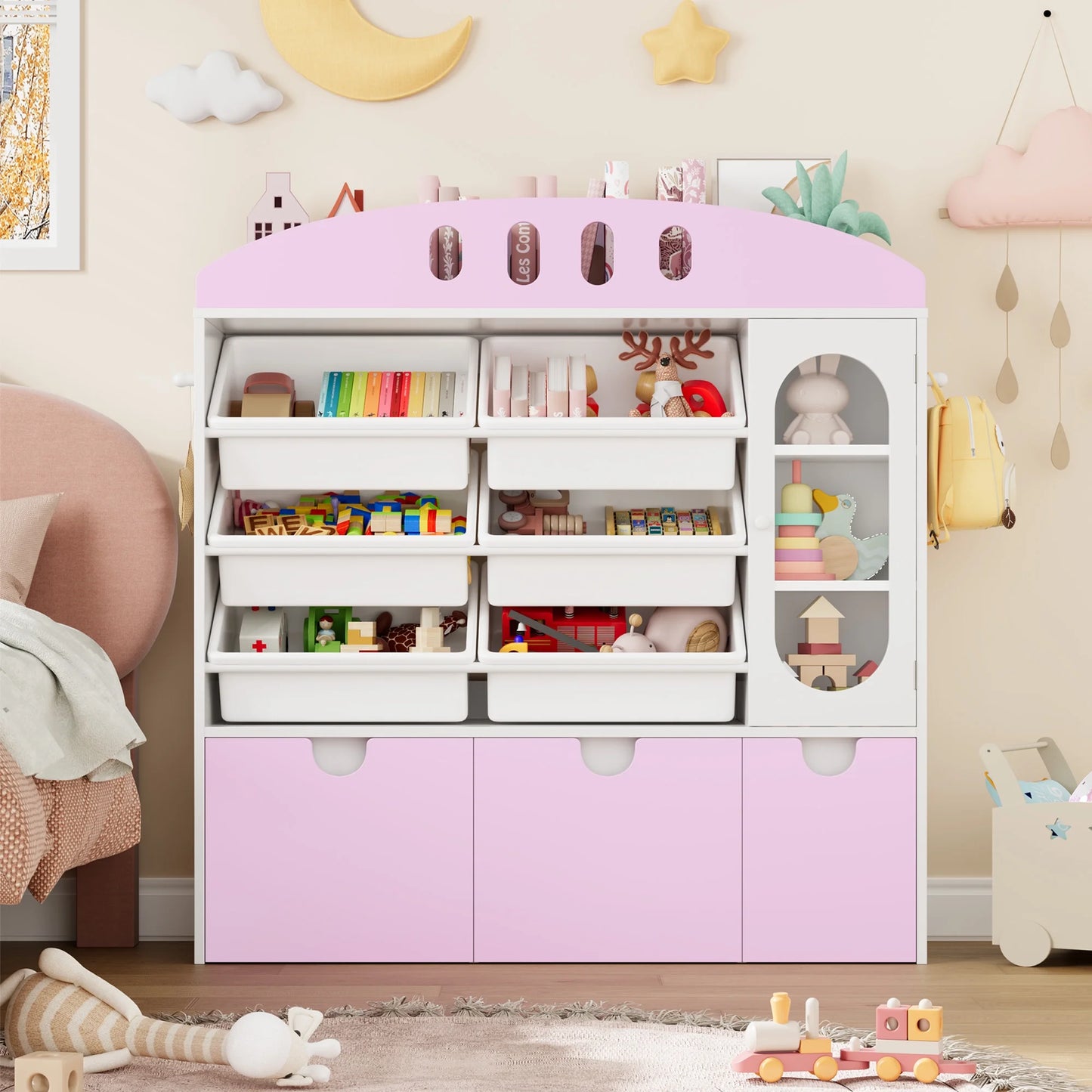 4-In-1 Kids Toy Storage Cabinet Bookshelf with 3 Drawers, Sturdy Toy Organizer for Kids Room, White&Pink