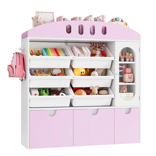 4-In-1 Kids Toy Storage Cabinet Bookshelf with 3 Drawers, Sturdy Toy Organizer for Kids Room, White&Pink
