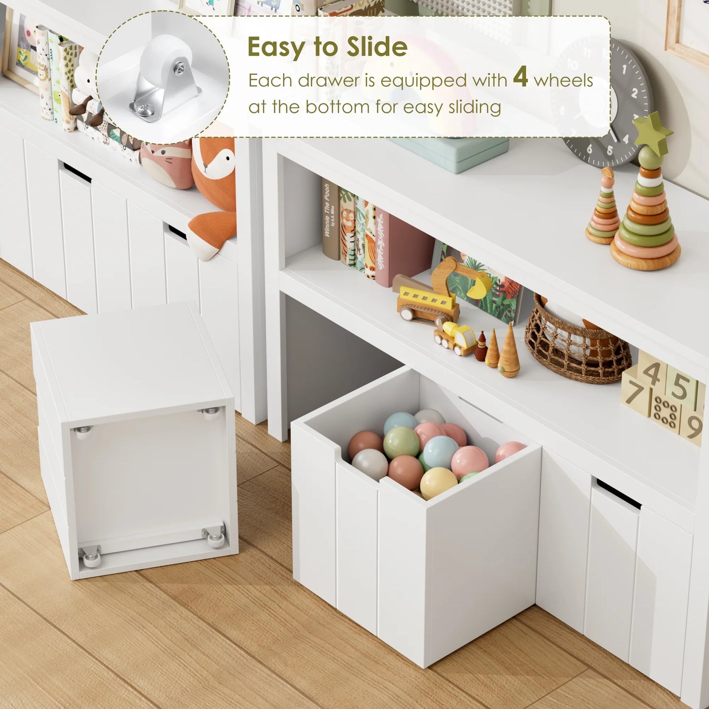 Kids Toy Storage, Cubes Storage Bins with 3 Drawers, White Toy Box with Shelves and Wheels