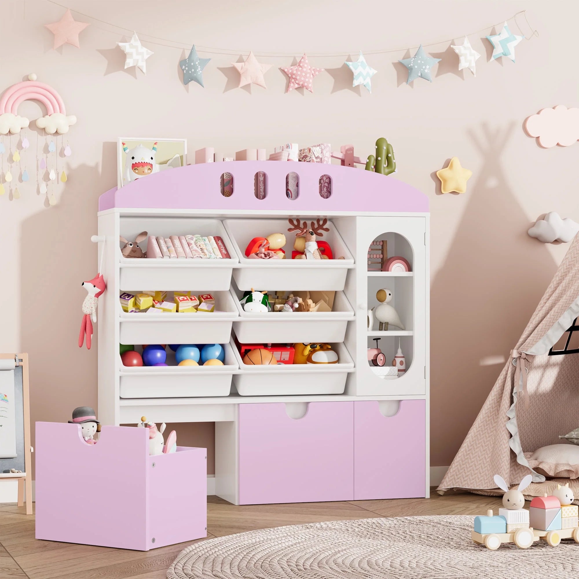 4-In-1 Kids Toy Storage Cabinet Bookshelf with 3 Drawers, Sturdy Toy Organizer for Kids Room, White&Pink