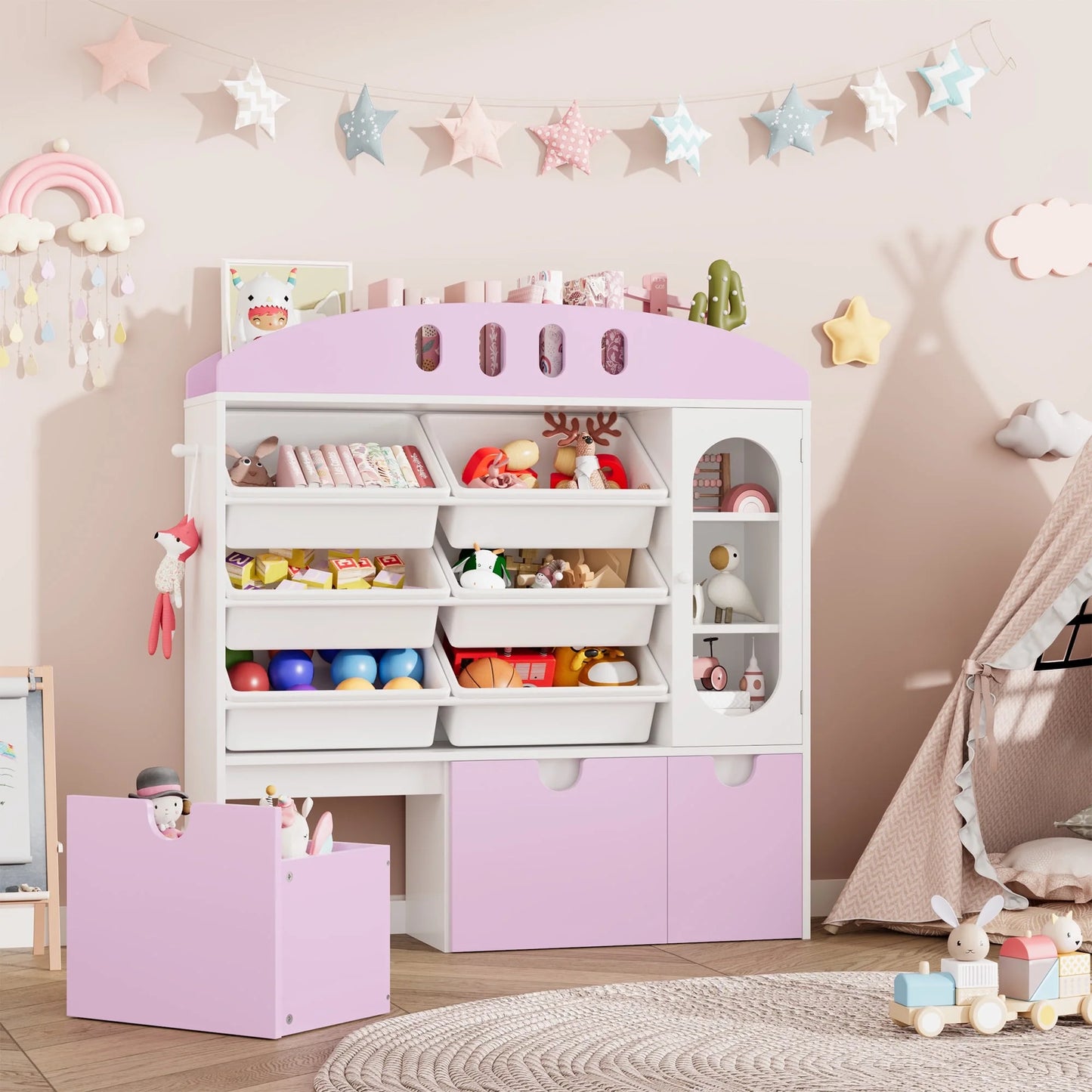 4-In-1 Kids Toy Storage Cabinet Bookshelf with 3 Drawers, Sturdy Toy Organizer for Kids Room, White&Pink