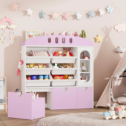 4-In-1 Kids Toy Storage Cabinet Bookshelf with 3 Drawers, Sturdy Toy Organizer for Kids Room, White&Pink