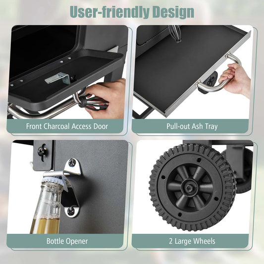 Outdoor Charcoal Grill 391 Sq.In. Cooking Area 2 Foldable Side Table BBQ Camping