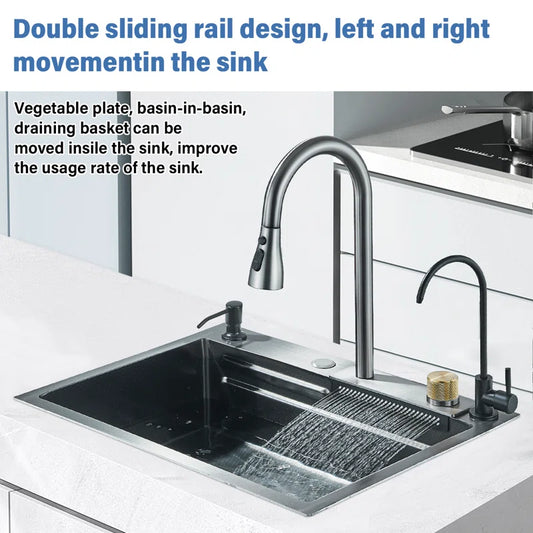 Waterfall Kitchen Sinks Combo Stainless Steel Nano Sink Pull-Out Kitchen Faucet