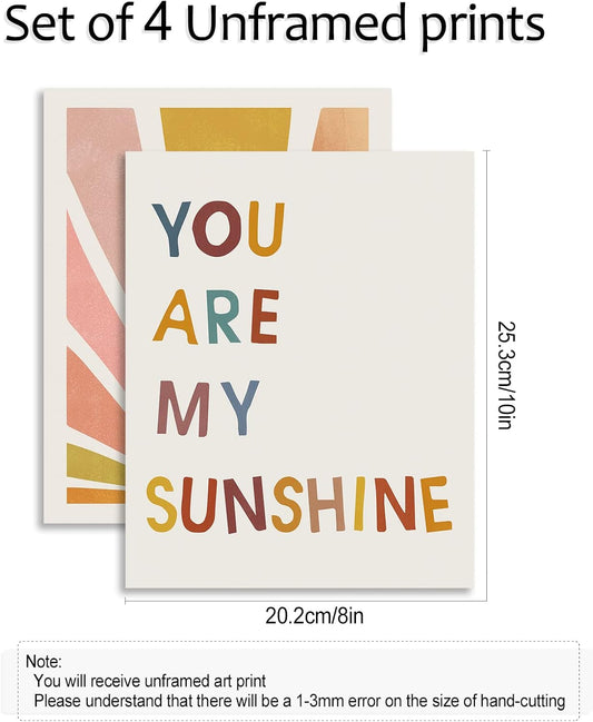 Boho Rainbow Nursery Art Set of 4 - You Are My Sunshine Wall Prints, Kids Room Decor