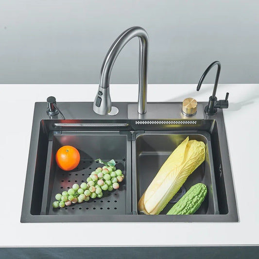 Waterfall Kitchen Sinks Combo Stainless Steel Nano Sink Pull-Out Kitchen Faucet