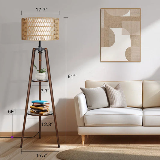 Acklins 61" Dimmable Tripod Floor Lamp Rattan Linen Dual Lampshades, Remote-Bulbs