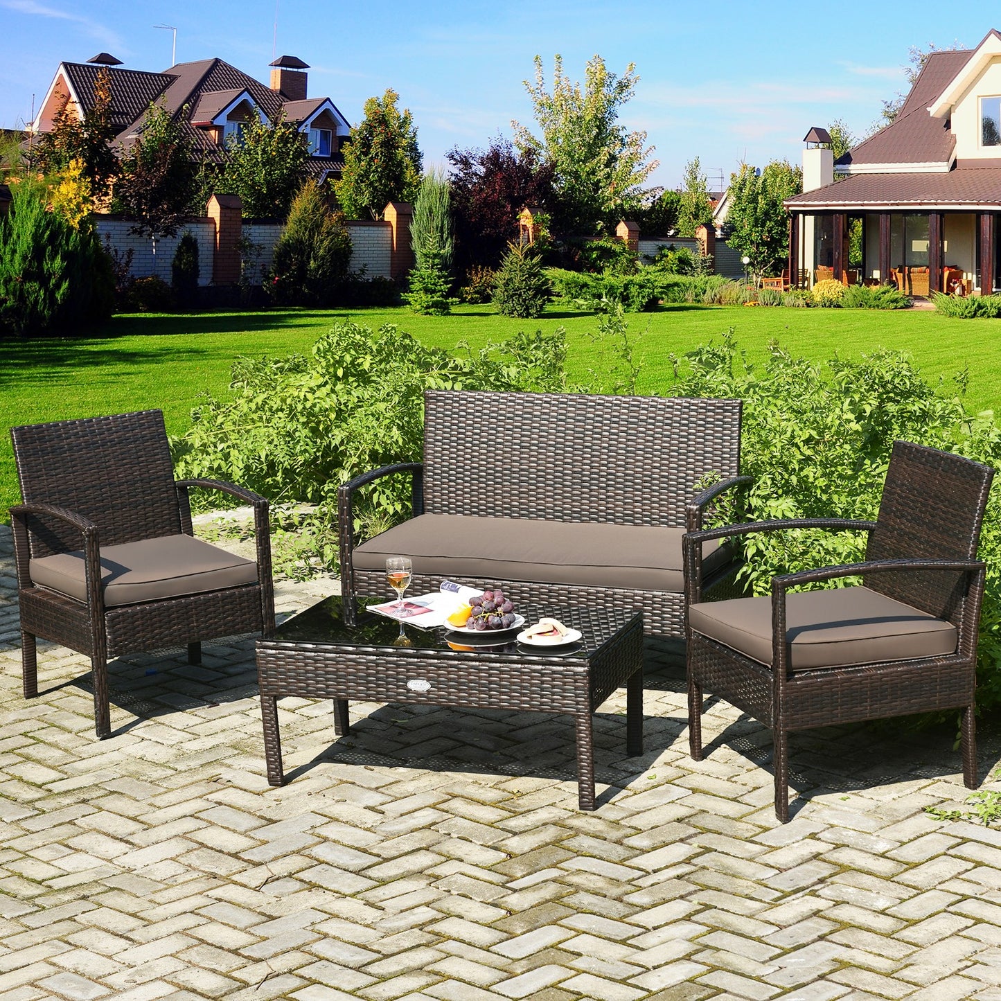 4PCS Outdoor Patio Rattan Furniture Set Cushioned Sofa Coffee Table Deck
