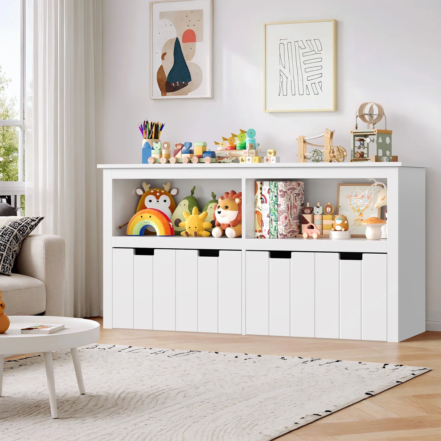 Kids Toy Storage with 4 Drawers, Cubes Storage Bin with Shelves and Wheels for Kids Living Room, White