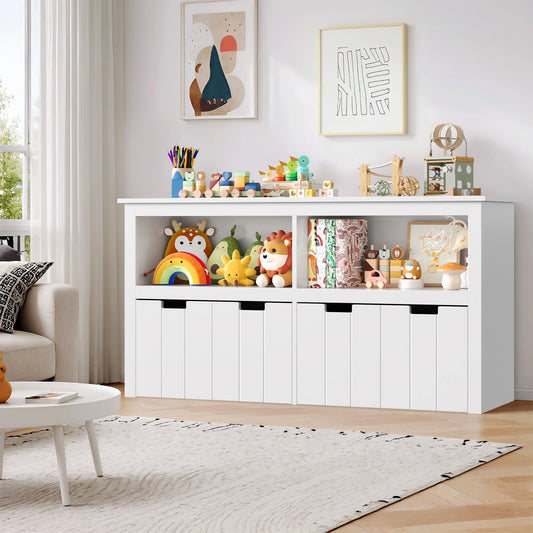 Kids Toy Storage with 4 Drawers, Cubes Storage Bin with Shelves and Wheels for Kids Living Room, White