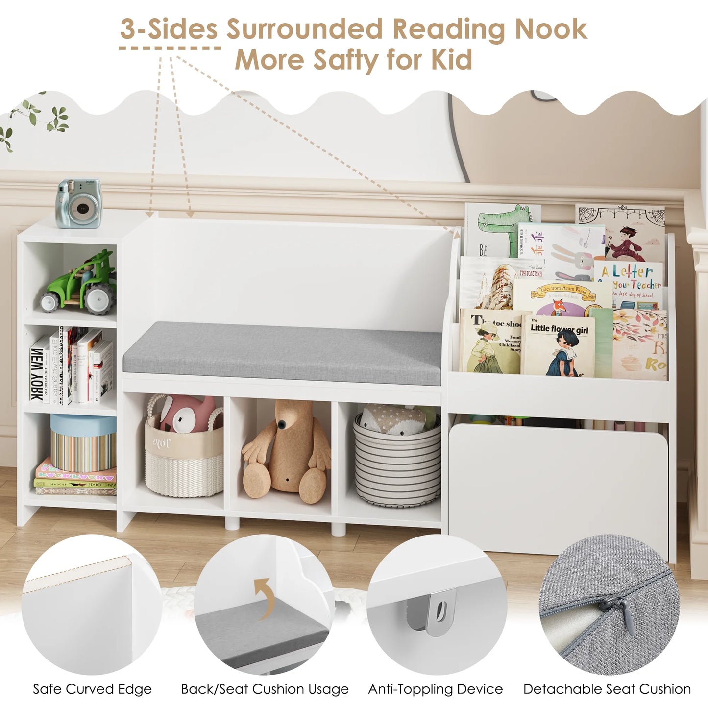 Kids Bookshelf with Reading Nook, 6 Shelf Bookcase with 1 Wood Toy Bin with 3 Tier Book Rack for Children Kidsroom