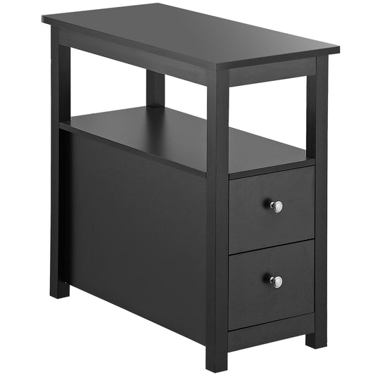 Black End Table with 2 Drawer and Open Shelf Narrow Side Table for Living Room