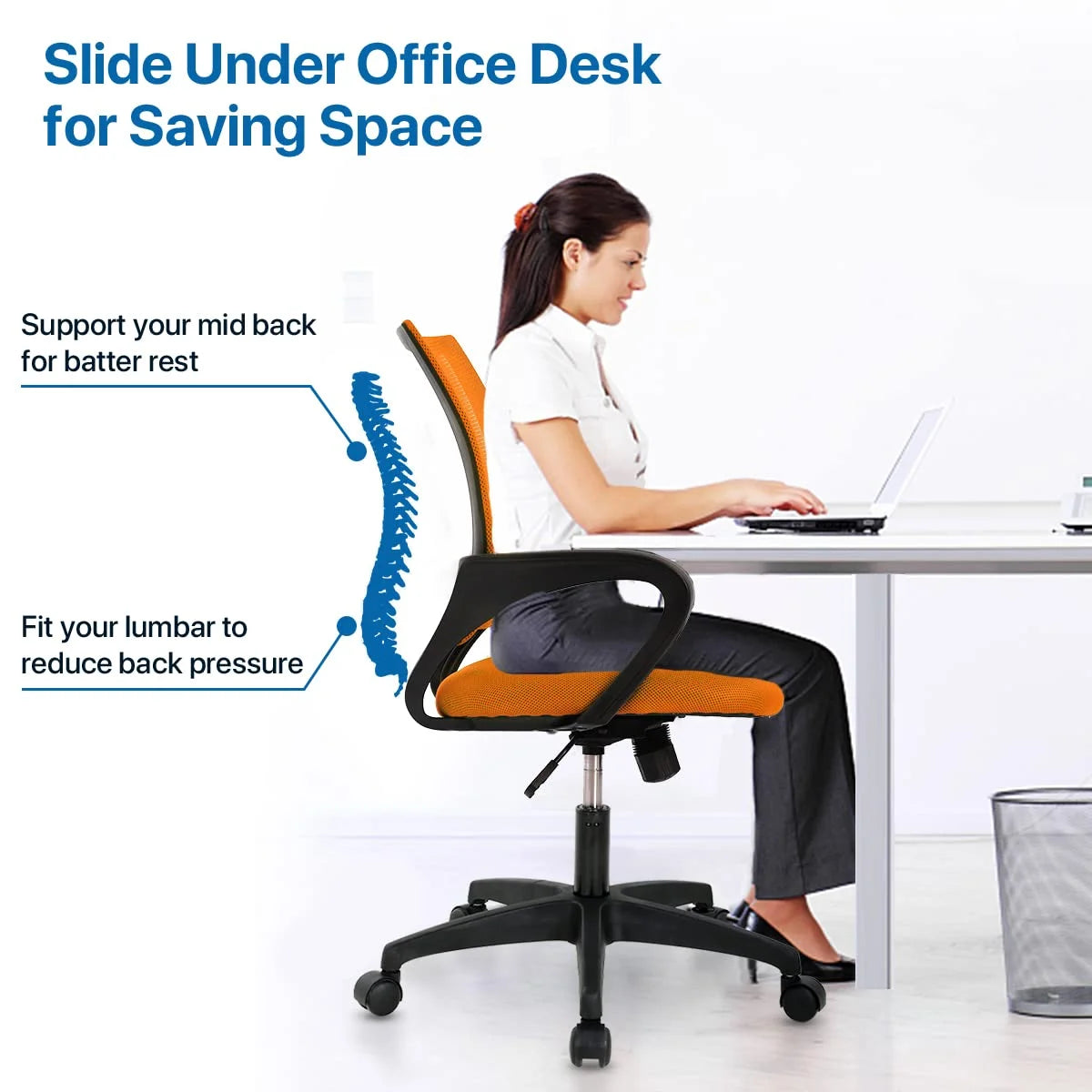 Mesh Office Chair, Mid-Back Home Office Chair Adjustable Ergonomic Desk Chair with Armrest, Rolling Swivel Chair for Adults, Orange