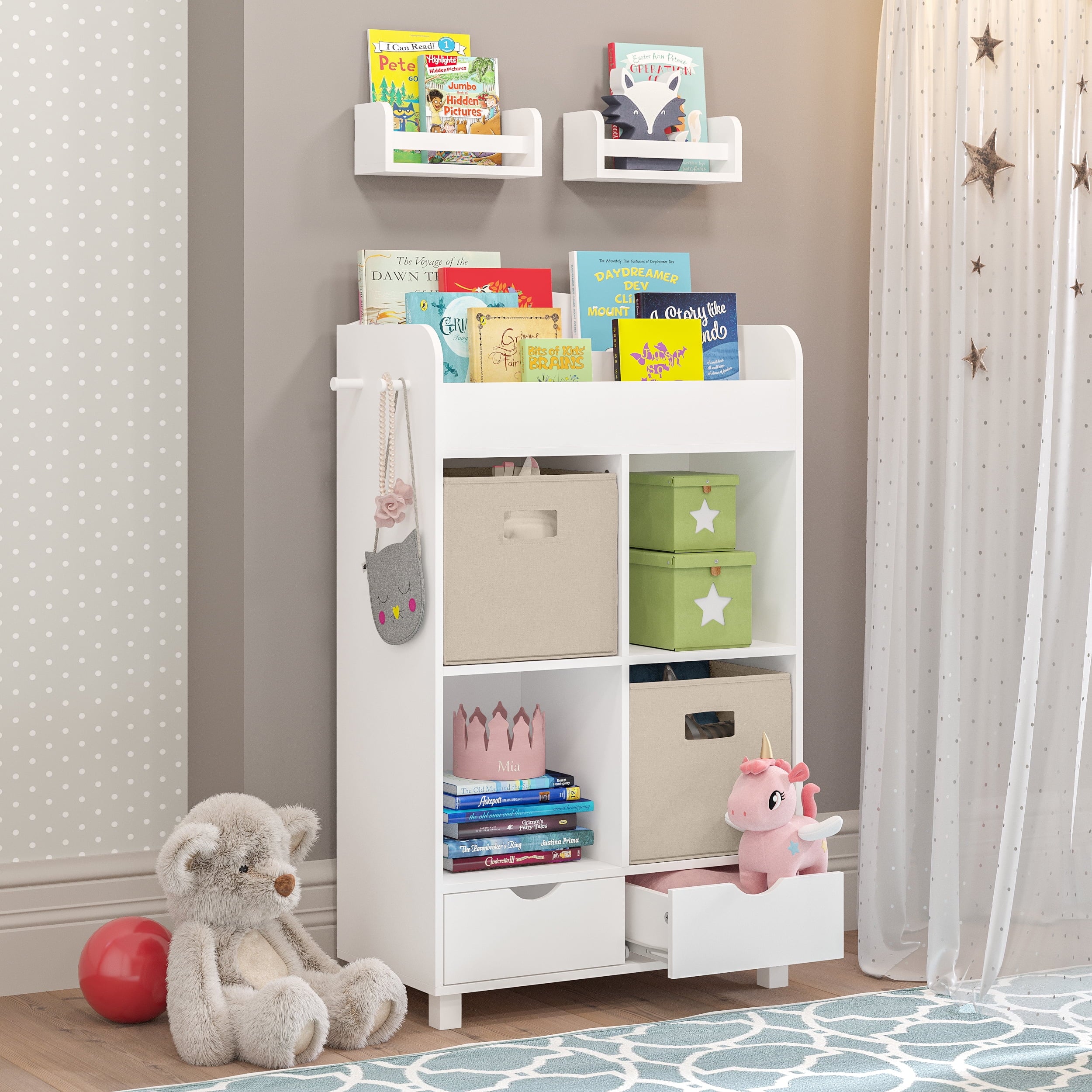Kids Book Nook Cubby Toy Storage Cabinet with Bookshelf and 2 Floating Shelves