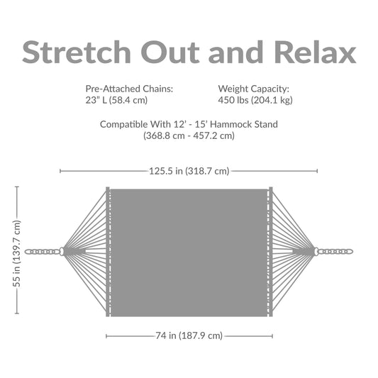 2-Person Quilted Polyester Spreader Bar Hammock, 450 Lb Capacity -Nautical Stripe