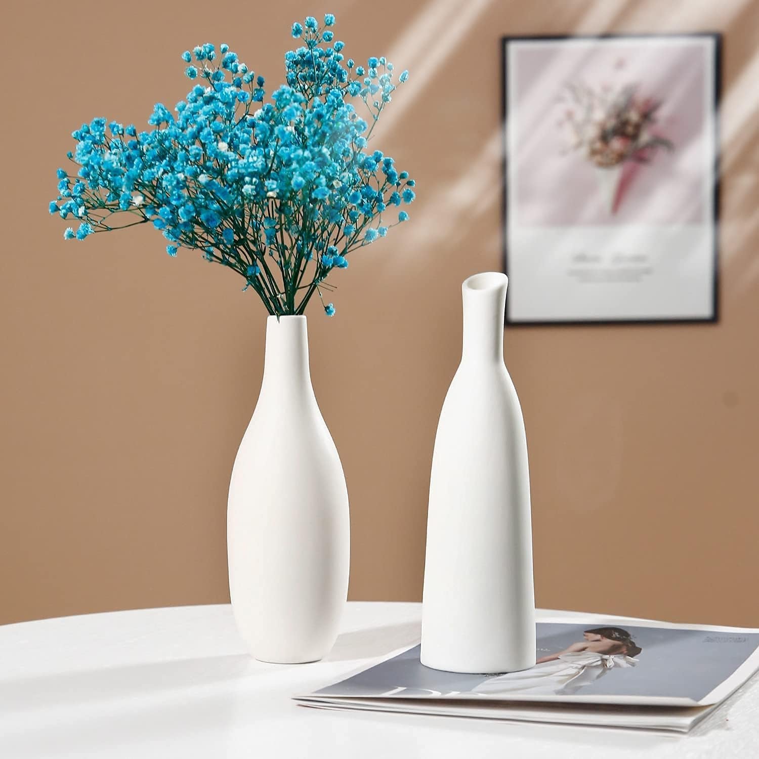 Ceramic Vase Set of 2, Small Flower Vases, White Frosted Matte Surface Vases for Rustic Home Decor