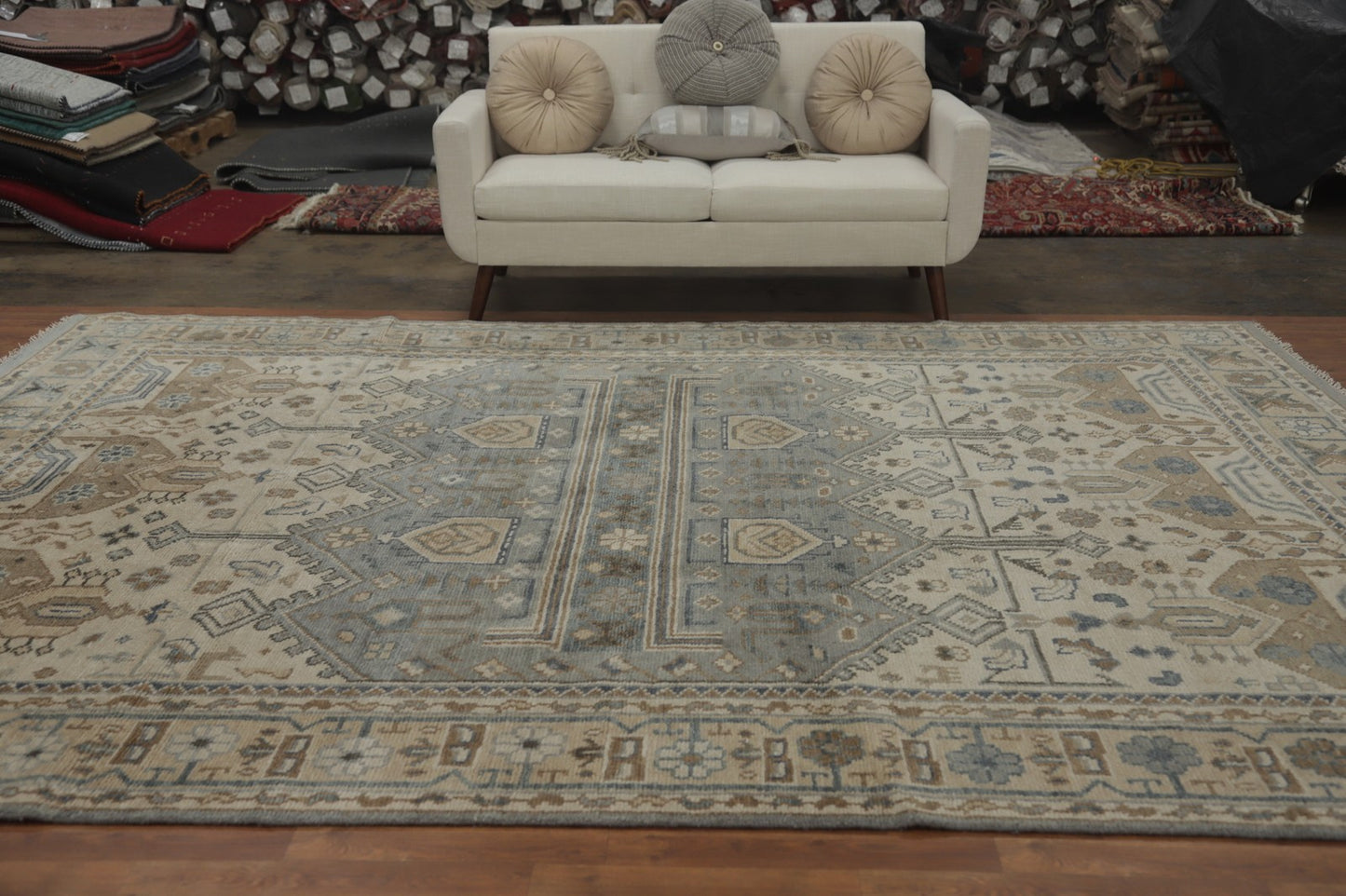 Ivory & Gray Oushak Oriental Area Rug Wool Hand-Made Living Room Carpet 9X12