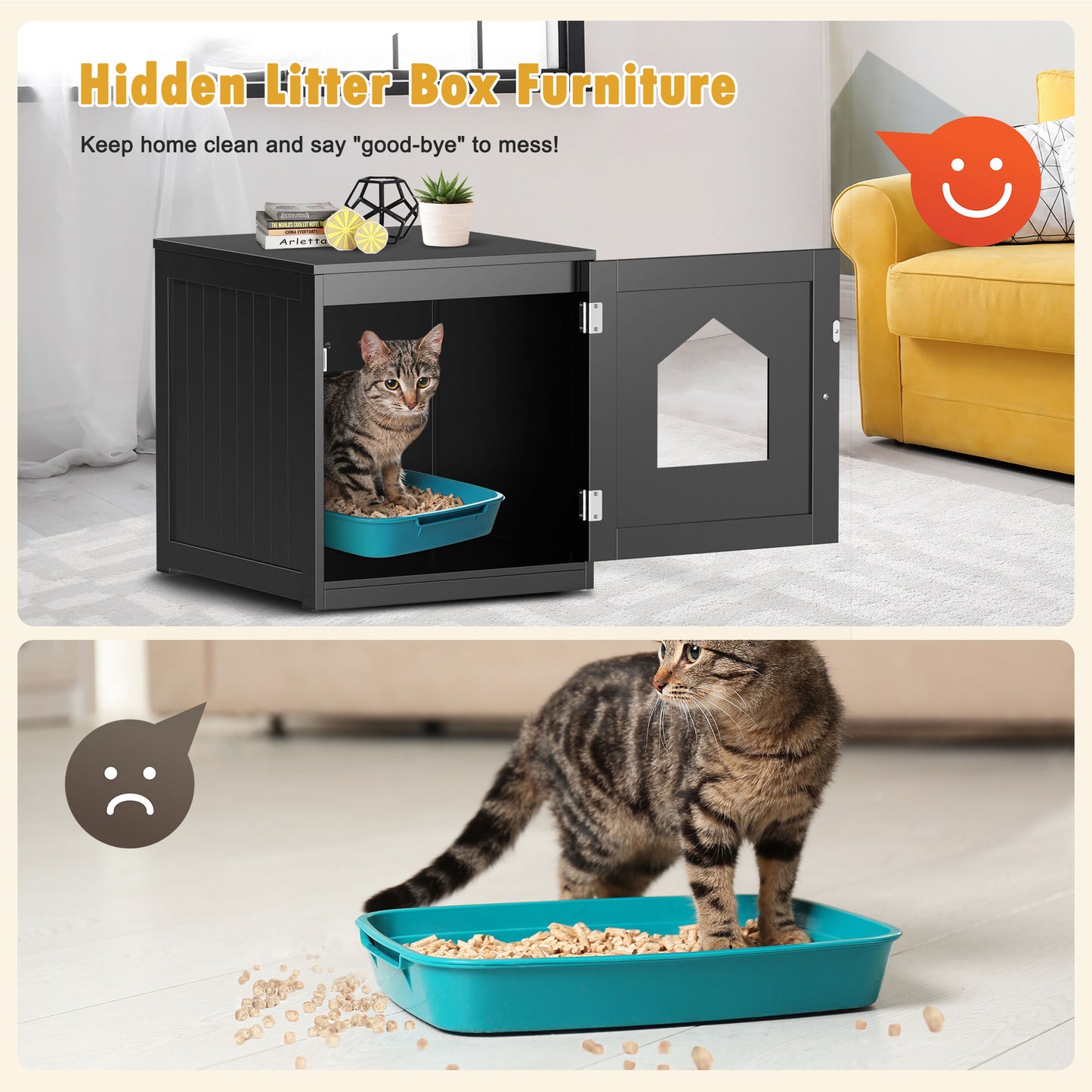 Wooden Cat Litter Box Enclosure Cat House Indoor Pet House Furniture Black